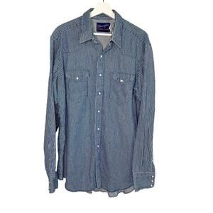 Wrangler Retro Striped Pearl Snap Western Button-Up Shirt Blue Men's XL 17 1/2
